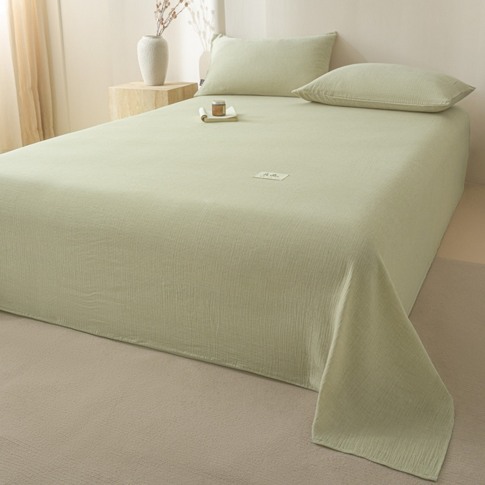 91家纺网 家纺一手货源 找家纺 鑫钰 2025新款纯色系列全棉双层皱皱纱床单-床笠 淡雅绿-床单