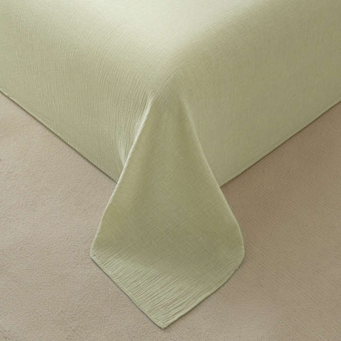 91家纺网 家纺一手货源 找家纺 鑫钰 2025新款纯色系列全棉双层皱皱纱床单-床笠 淡雅绿-床单