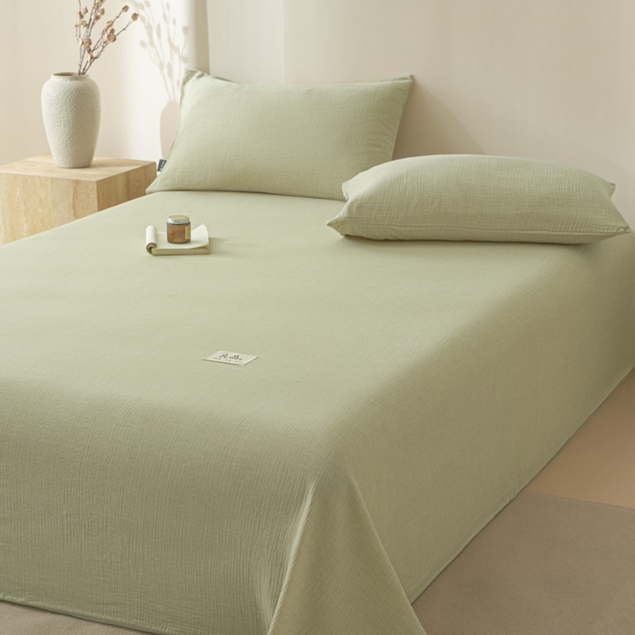 91家纺网 家纺一手货源 找家纺 鑫钰 2025新款纯色系列全棉双层皱皱纱床单-床笠 淡雅绿-床单