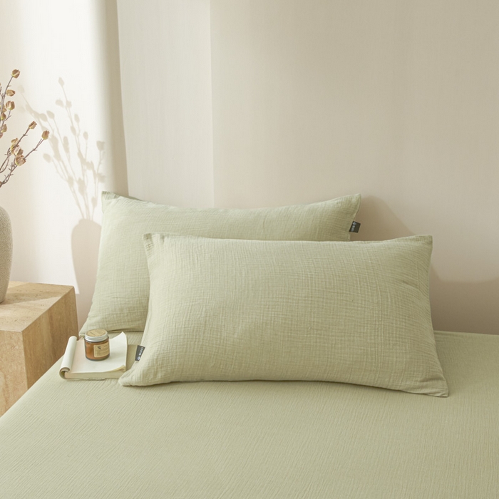 91家纺网 家纺一手货源 找家纺 鑫钰 2025新款纯色系列全棉双层皱皱纱床单-床笠 淡雅绿-床单