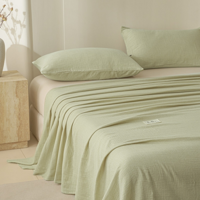 91家纺网 家纺一手货源 找家纺 鑫钰 2025新款纯色系列全棉双层皱皱纱床单-床笠 淡雅绿-床单