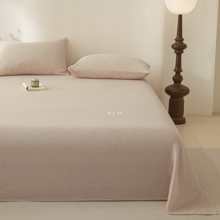 91家纺网 家纺一手货源 找家纺 鑫钰 2025新款纯色系列全棉双层皱皱纱床单-床笠 肉桂粉-床单