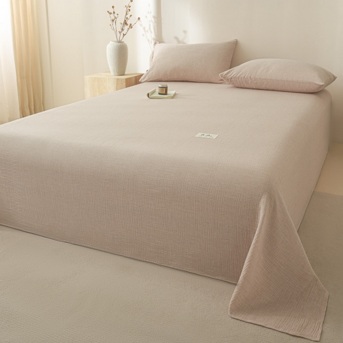 91家纺网 家纺一手货源 找家纺 鑫钰 2025新款纯色系列全棉双层皱皱纱床单-床笠 肉桂粉-床单