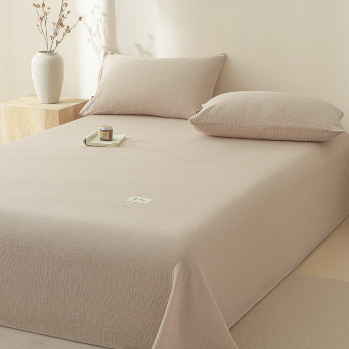 91家纺网 家纺一手货源 找家纺 鑫钰 2025新款纯色系列全棉双层皱皱纱床单-床笠 肉桂粉-床单