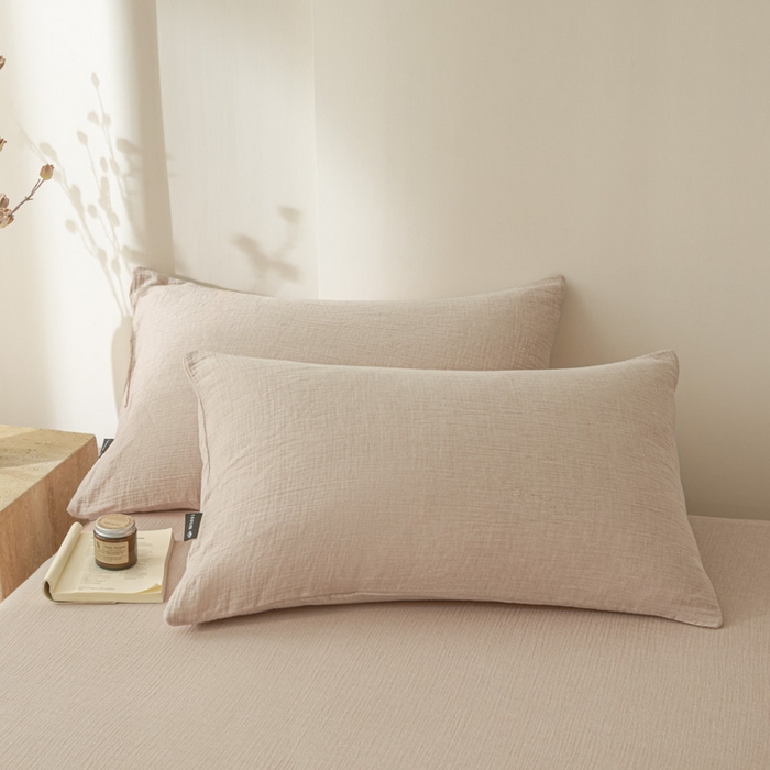 91家纺网 家纺一手货源 找家纺 鑫钰 2025新款纯色系列全棉双层皱皱纱床单-床笠 肉桂粉-床单