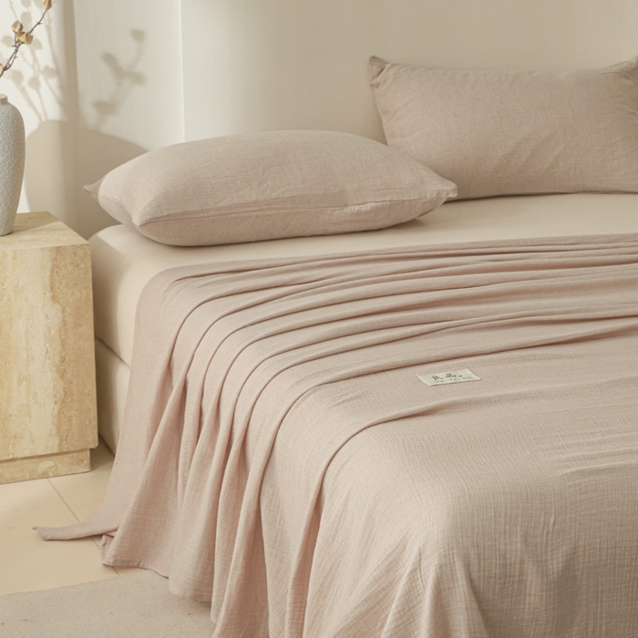 91家纺网 家纺一手货源 找家纺 鑫钰 2025新款纯色系列全棉双层皱皱纱床单-床笠 肉桂粉-床单