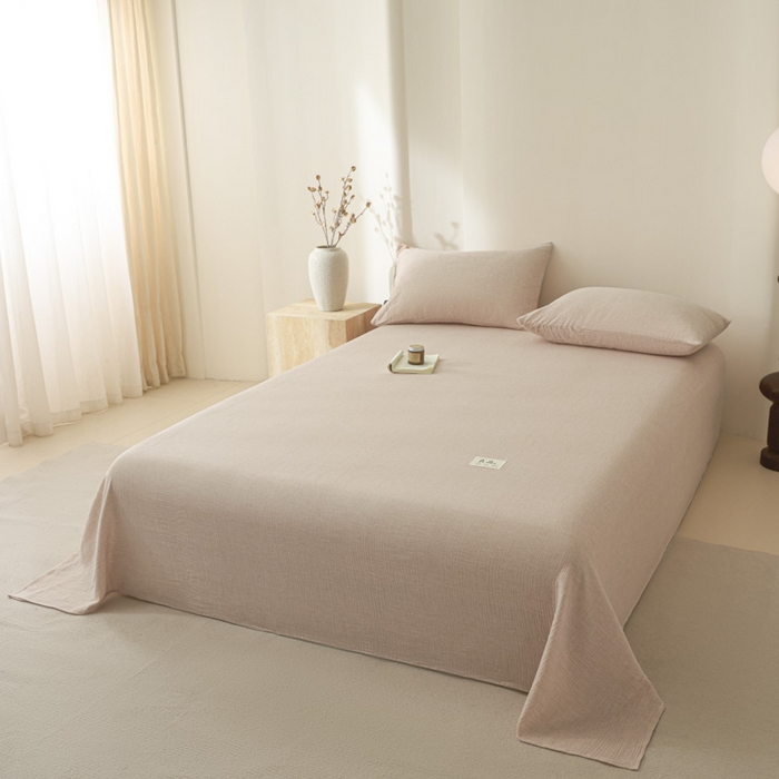 91家纺网 家纺一手货源 找家纺 鑫钰 2025新款纯色系列全棉双层皱皱纱床单-床笠 肉桂粉-床单