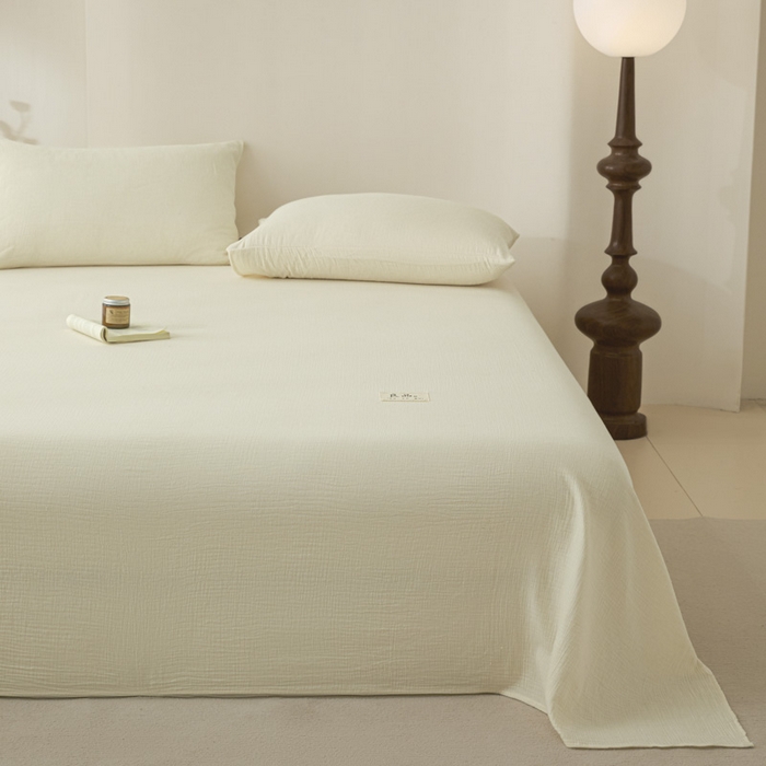 91家纺网 家纺一手货源 找家纺 鑫钰 2025新款纯色系列全棉双层皱皱纱床单-床笠 奶茶白-床单