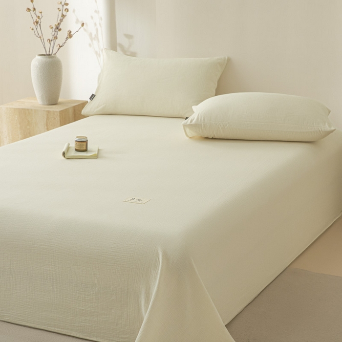 91家纺网 家纺一手货源 找家纺 鑫钰 2025新款纯色系列全棉双层皱皱纱床单-床笠 奶茶白-床单