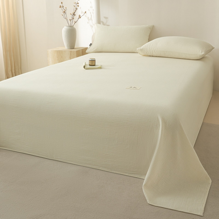 91家纺网 家纺一手货源 找家纺 鑫钰 2025新款纯色系列全棉双层皱皱纱床单-床笠 奶茶白-床单