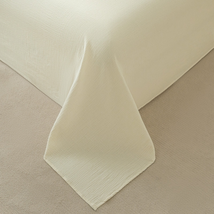 91家纺网 家纺一手货源 找家纺 鑫钰 2025新款纯色系列全棉双层皱皱纱床单-床笠 奶茶白-床单