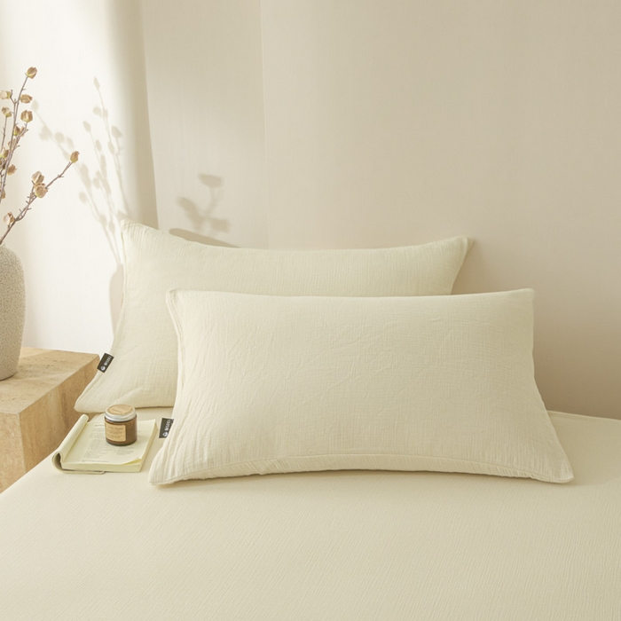 91家纺网 家纺一手货源 找家纺 鑫钰 2025新款纯色系列全棉双层皱皱纱床单-床笠 奶茶白-床单