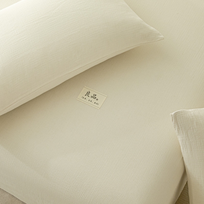 91家纺网 家纺一手货源 找家纺 鑫钰 2025新款纯色系列全棉双层皱皱纱床单-床笠 奶茶白-床单