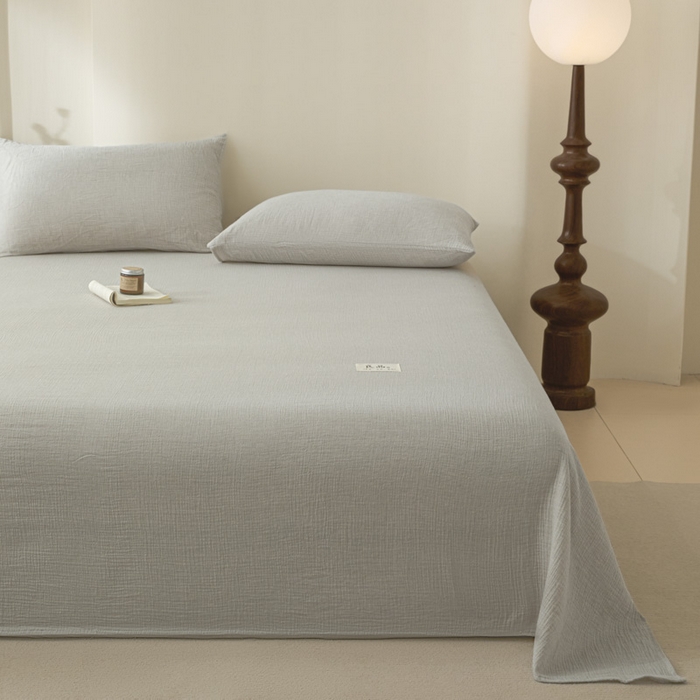91家纺网 家纺一手货源 找家纺 鑫钰 2025新款纯色系列全棉双层皱皱纱床单-床笠 气质灰-床单