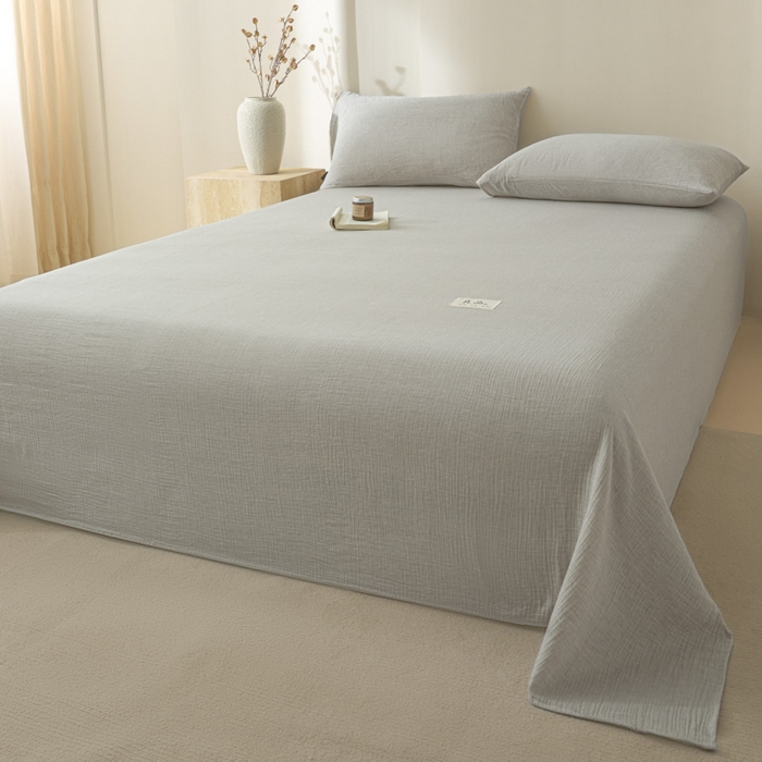 91家纺网 家纺一手货源 找家纺 鑫钰 2025新款纯色系列全棉双层皱皱纱床单-床笠 气质灰-床单