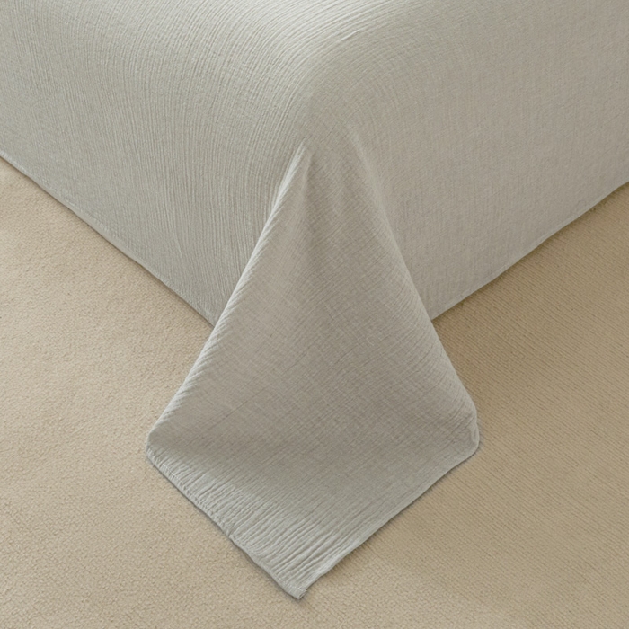 91家纺网 家纺一手货源 找家纺 鑫钰 2025新款纯色系列全棉双层皱皱纱床单-床笠 气质灰-床单