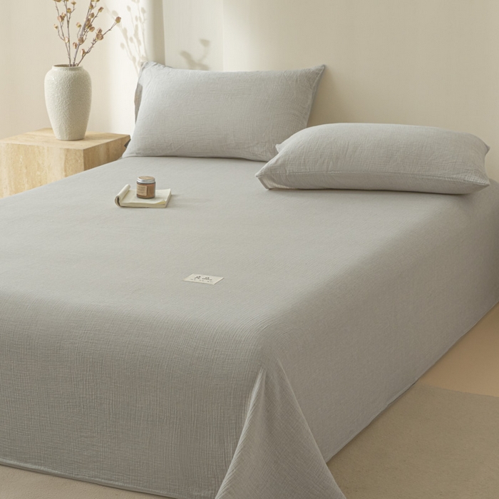 91家纺网 家纺一手货源 找家纺 鑫钰 2025新款纯色系列全棉双层皱皱纱床单-床笠 气质灰-床单