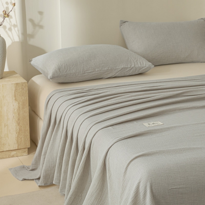 91家纺网 家纺一手货源 找家纺 鑫钰 2025新款纯色系列全棉双层皱皱纱床单-床笠 气质灰-床单