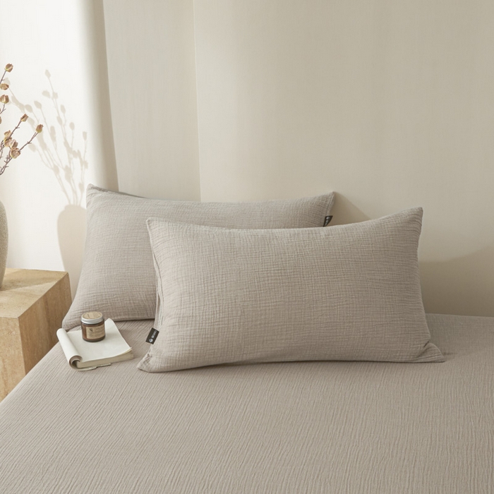 91家纺网 家纺一手货源 找家纺 鑫钰 2025新款纯色系列全棉双层皱皱纱床单-床笠 卡其色-床单