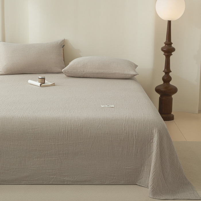 91家纺网 家纺一手货源 找家纺 鑫钰 2025新款纯色系列全棉双层皱皱纱床单-床笠 卡其色-床单