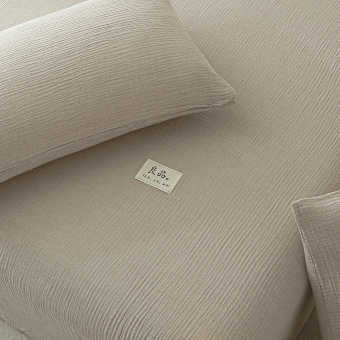 91家纺网 家纺一手货源 找家纺 鑫钰 2025新款纯色系列全棉双层皱皱纱床单-床笠 卡其色-床单