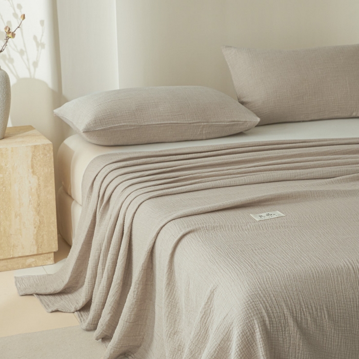 91家纺网 家纺一手货源 找家纺 鑫钰 2025新款纯色系列全棉双层皱皱纱床单-床笠 卡其色-床单