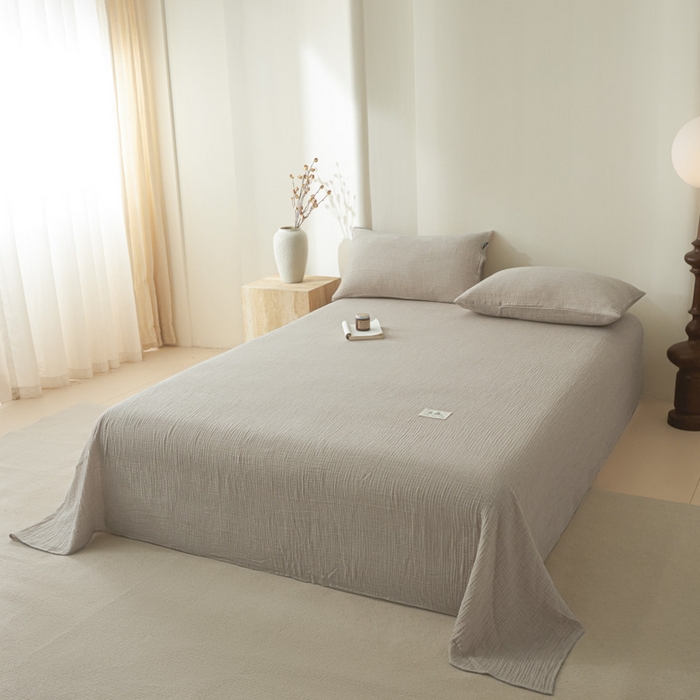 91家纺网 家纺一手货源 找家纺 鑫钰 2025新款纯色系列全棉双层皱皱纱床单-床笠 卡其色-床单