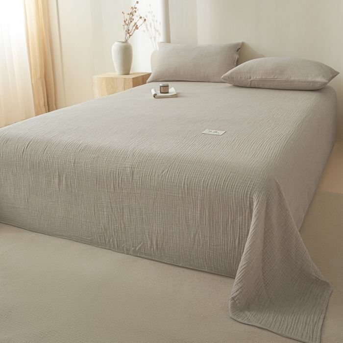 91家纺网 家纺一手货源 找家纺 鑫钰 2025新款纯色系列全棉双层皱皱纱床单-床笠 卡其色-床单