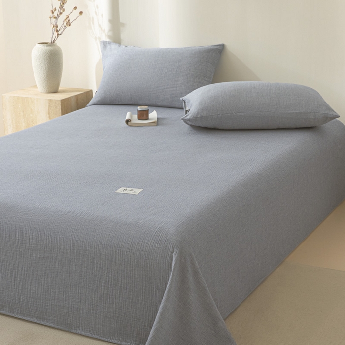 91家纺网 家纺一手货源 找家纺 鑫钰 2025新款纯色系列全棉双层皱皱纱床单-床笠 天空蓝-床单