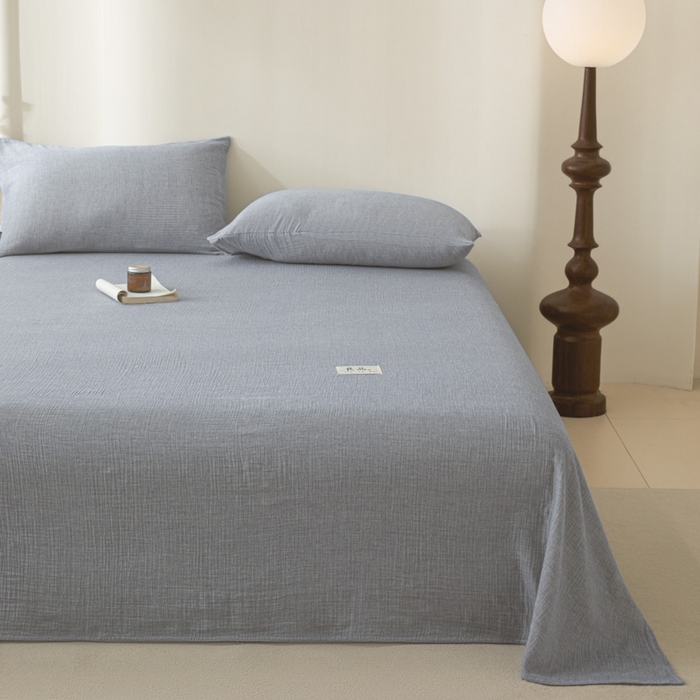 91家纺网 家纺一手货源 找家纺 鑫钰 2025新款纯色系列全棉双层皱皱纱床单-床笠 天空蓝-床单