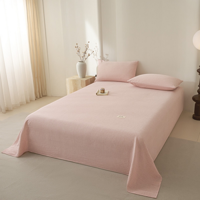 91家纺网 家纺一手货源 找家纺 鑫钰 2025新款纯色系列全棉双层皱皱纱床单-床笠 仙女粉-床单