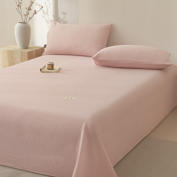 91家纺网 家纺一手货源 找家纺 鑫钰 2025新款纯色系列全棉双层皱皱纱床单-床笠 仙女粉-床单