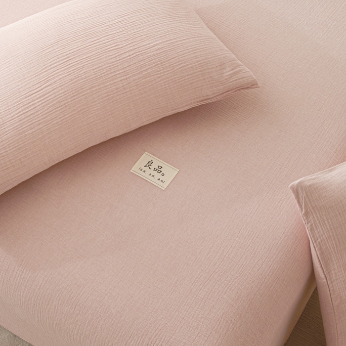 91家纺网 家纺一手货源 找家纺 鑫钰 2025新款纯色系列全棉双层皱皱纱床单-床笠 仙女粉-床单