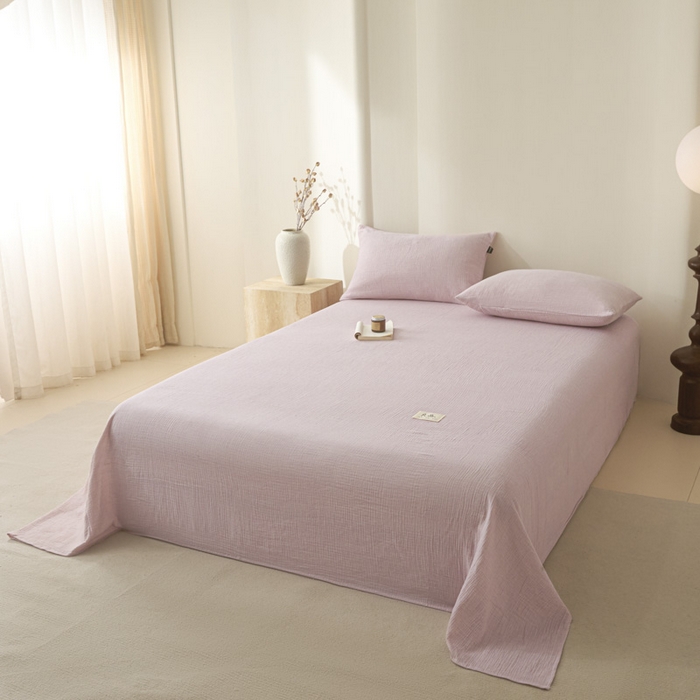 91家纺网 家纺一手货源 找家纺 鑫钰 2025新款纯色系列全棉双层皱皱纱床单-床笠 香妃紫-床单