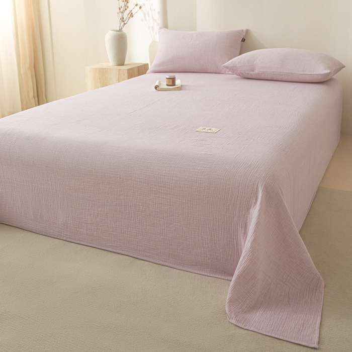 91家纺网 家纺一手货源 找家纺 鑫钰 2025新款纯色系列全棉双层皱皱纱床单-床笠 香妃紫-床单
