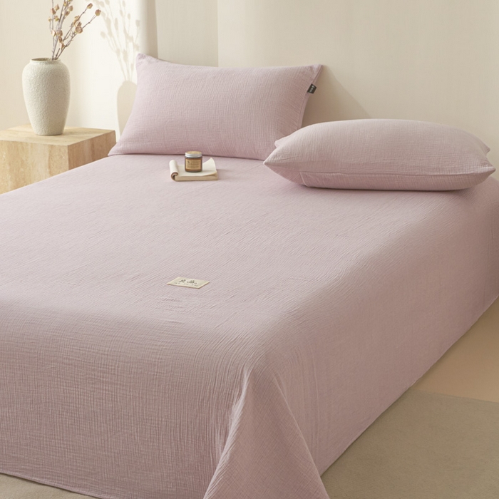 91家纺网 家纺一手货源 找家纺 鑫钰 2025新款纯色系列全棉双层皱皱纱床单-床笠 香妃紫-床单