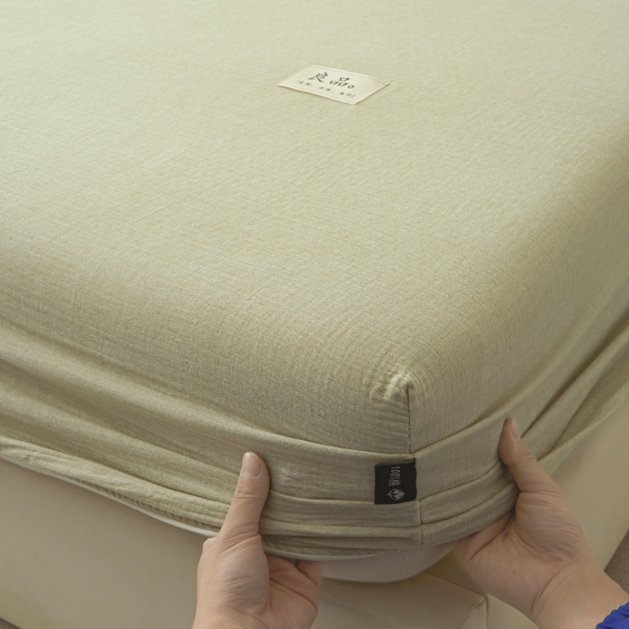 91家纺网 家纺一手货源 找家纺 鑫钰 2025新款纯色系列全棉双层皱皱纱床单-床笠 淡雅绿-床笠