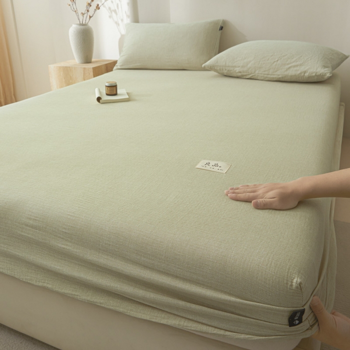 91家纺网 家纺一手货源 找家纺 鑫钰 2025新款纯色系列全棉双层皱皱纱床单-床笠 淡雅绿-床笠