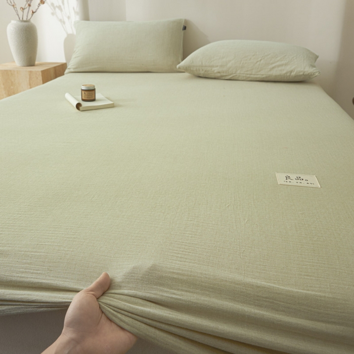 91家纺网 家纺一手货源 找家纺 鑫钰 2025新款纯色系列全棉双层皱皱纱床单-床笠 淡雅绿-床笠