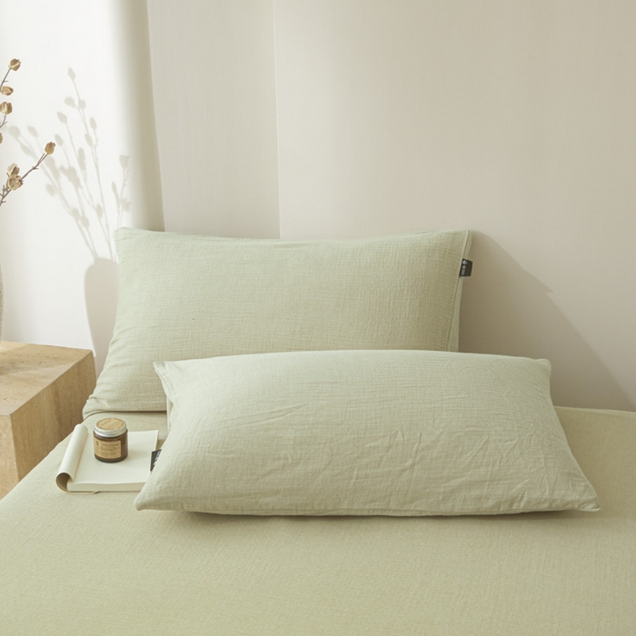 91家纺网 家纺一手货源 找家纺 鑫钰 2025新款纯色系列全棉双层皱皱纱床单-床笠 淡雅绿-床笠