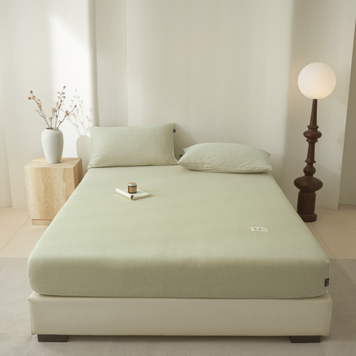 91家纺网 家纺一手货源 找家纺 鑫钰 2025新款纯色系列全棉双层皱皱纱床单-床笠 淡雅绿-床笠