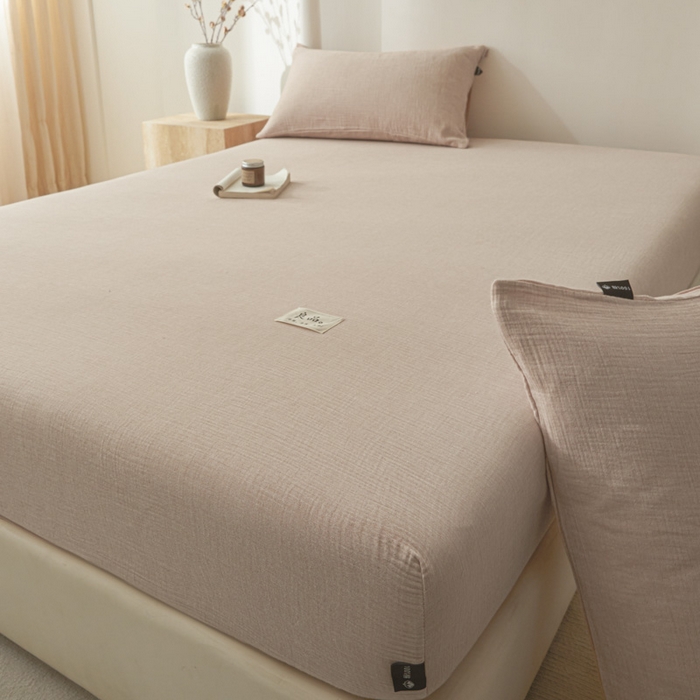 91家纺网 家纺一手货源 找家纺 鑫钰 2025新款纯色系列全棉双层皱皱纱床单-床笠 简约驼-床笠