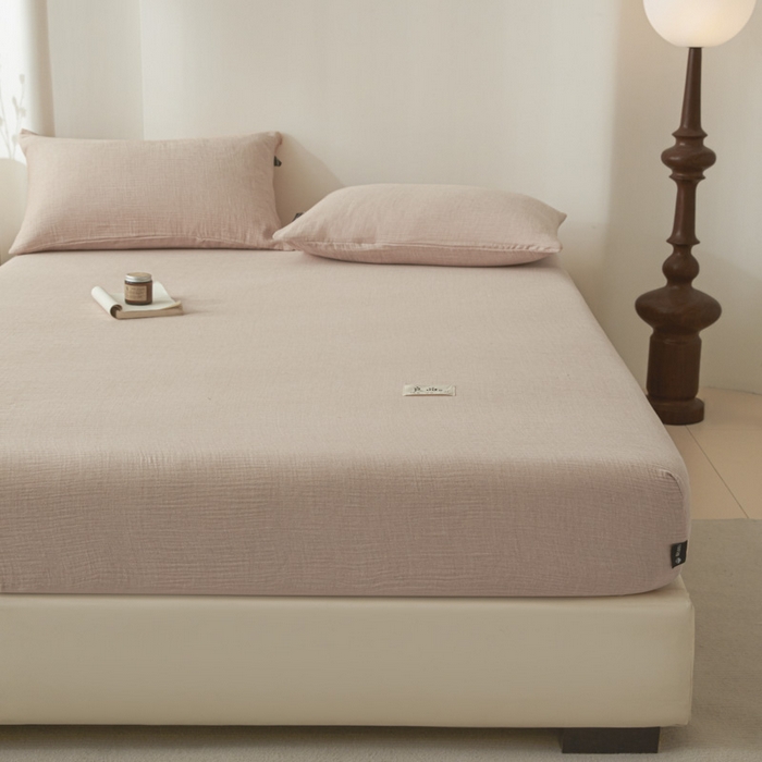 91家纺网 家纺一手货源 找家纺 鑫钰 2025新款纯色系列全棉双层皱皱纱床单-床笠 简约驼-床笠