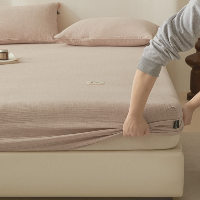 91家纺网 家纺一手货源 找家纺 鑫钰 2025新款纯色系列全棉双层皱皱纱床单-床笠 简约驼-床笠