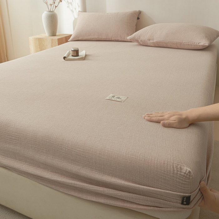 91家纺网 家纺一手货源 找家纺 鑫钰 2025新款纯色系列全棉双层皱皱纱床单-床笠 简约驼-床笠