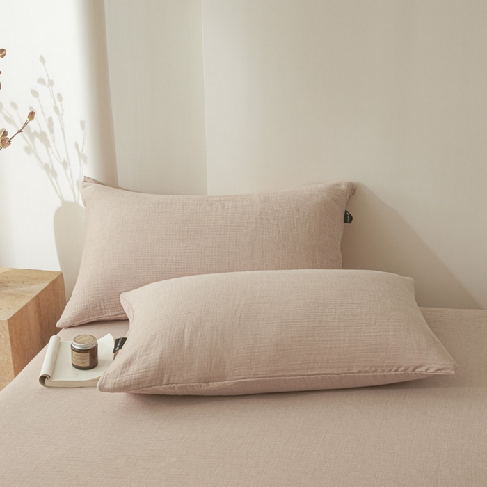 91家纺网 家纺一手货源 找家纺 鑫钰 2025新款纯色系列全棉双层皱皱纱床单-床笠 简约驼-床笠