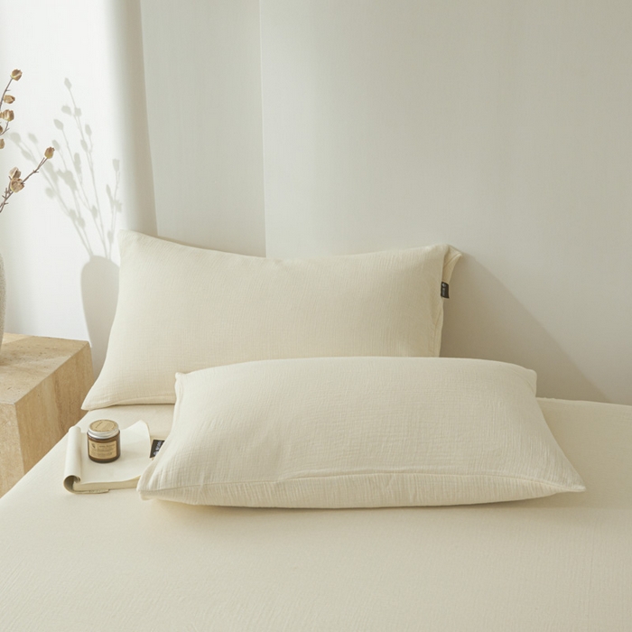 91家纺网 家纺一手货源 找家纺 鑫钰 2025新款纯色系列全棉双层皱皱纱床单-床笠 奶茶白-床笠