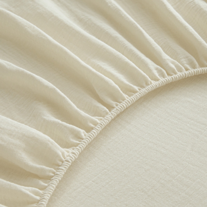 91家纺网 家纺一手货源 找家纺 鑫钰 2025新款纯色系列全棉双层皱皱纱床单-床笠 奶茶白-床笠