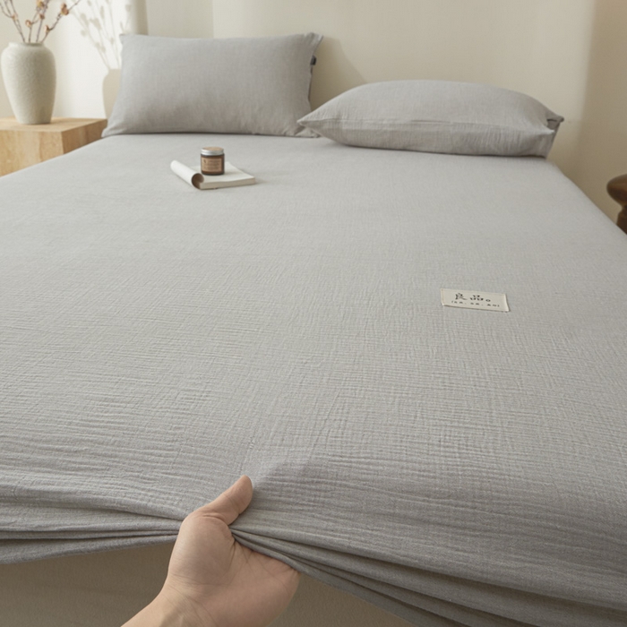 91家纺网 家纺一手货源 找家纺 鑫钰 2025新款纯色系列全棉双层皱皱纱床单-床笠 气质灰-床笠