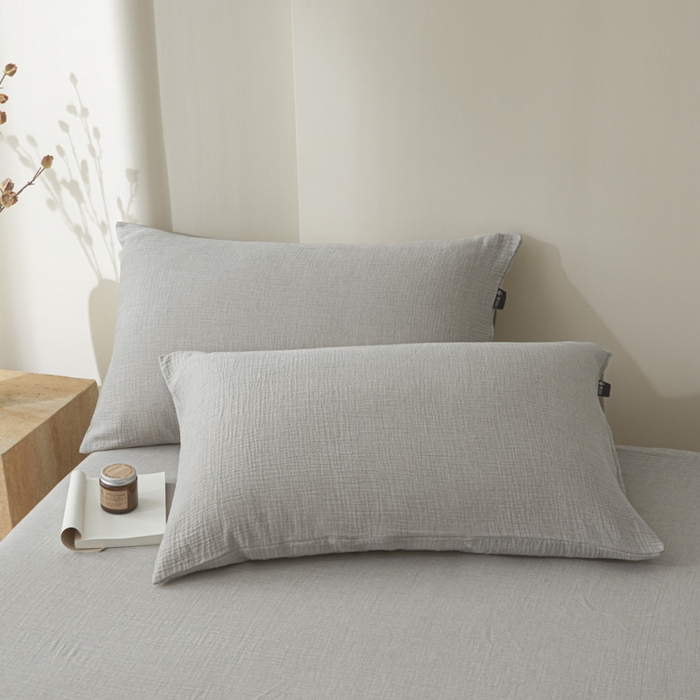 91家纺网 家纺一手货源 找家纺 鑫钰 2025新款纯色系列全棉双层皱皱纱床单-床笠 气质灰-床笠